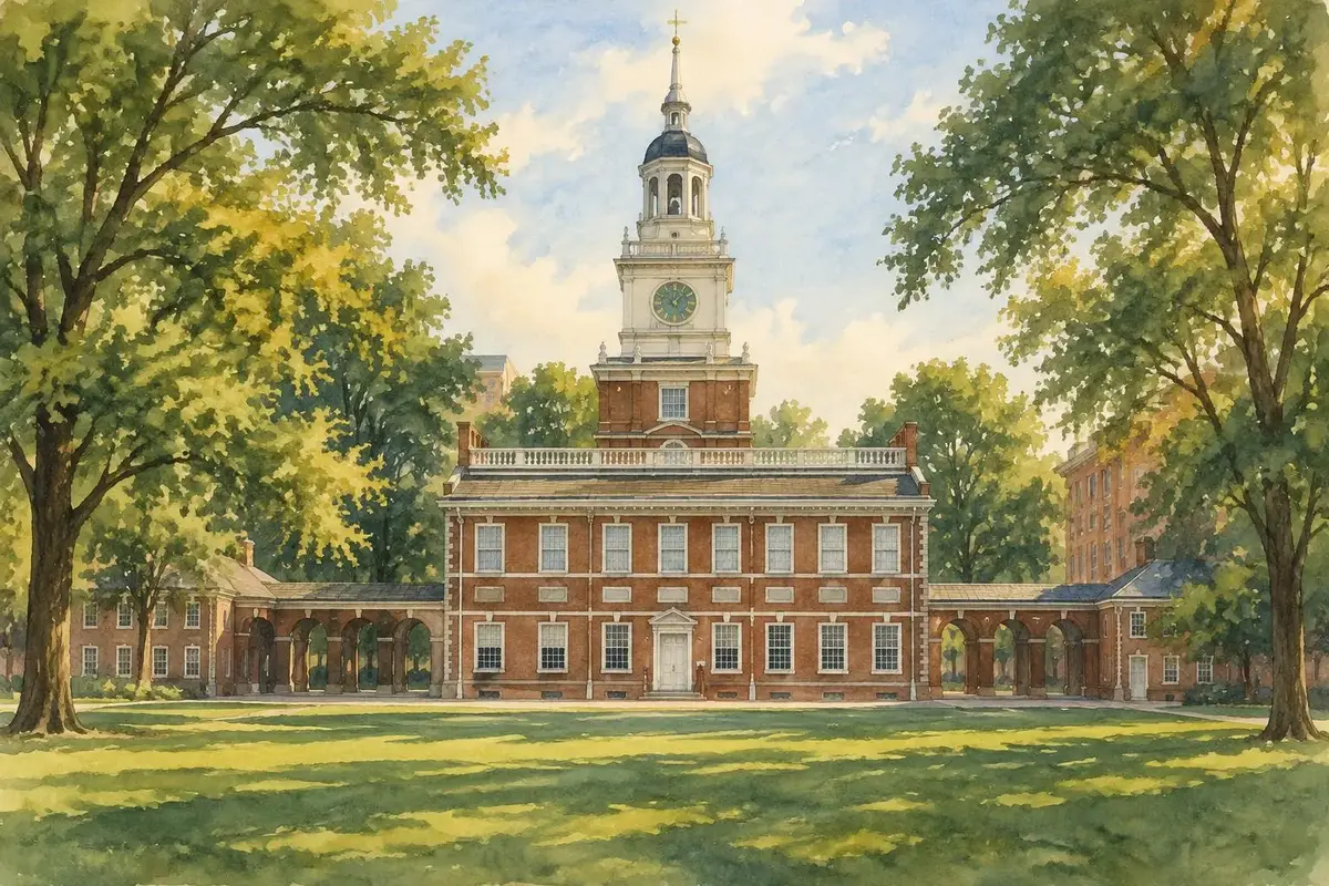 Watercolor of Independence Hall in Philadelphia, Pennsylvania
