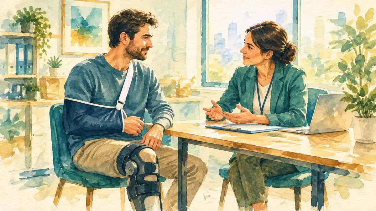 Watercolor of an injured man talking with a helpful professional