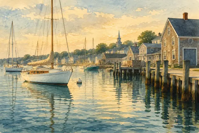 Watercolor of sailboats in Newport harbor, Rhode Island