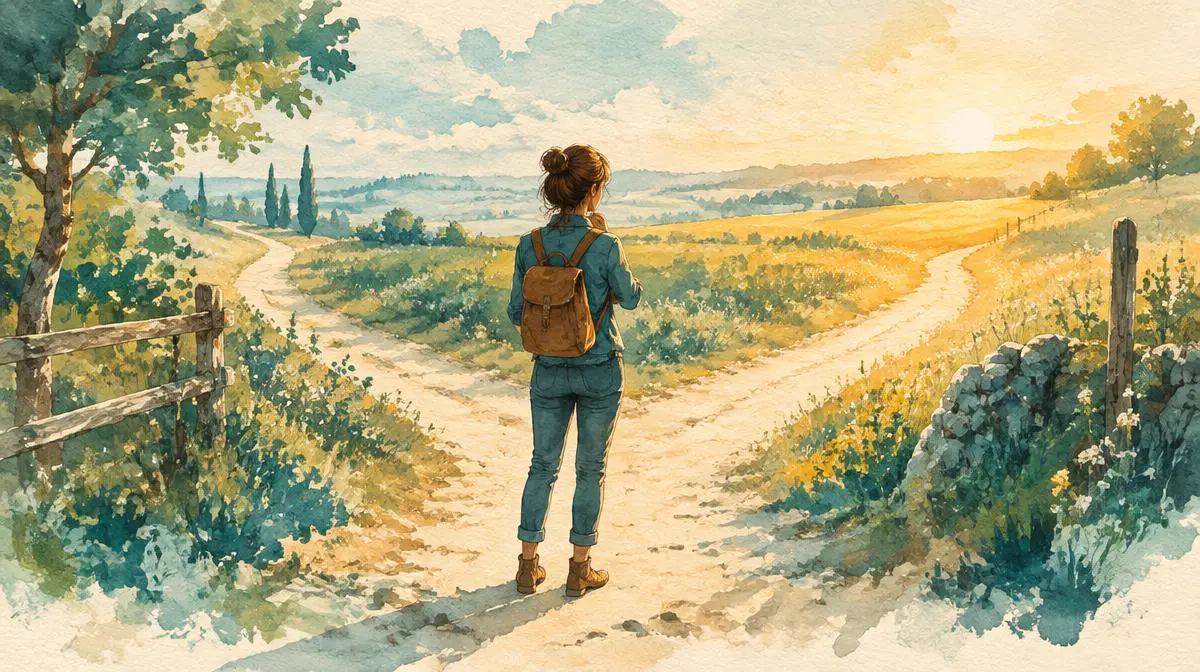 Watercolor of a woman standing where a country path splits in two