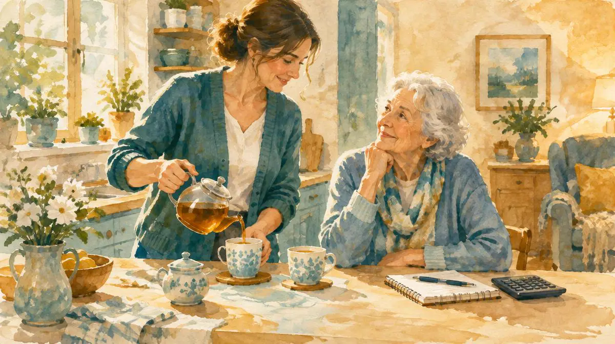 Watercolor of a daughter pouring tea for her elderly mother