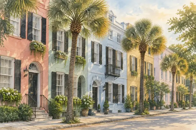 Watercolor of Rainbow Row in Charleston, South Carolina