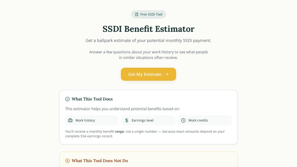 SSDI Benefit Estimator tool screen