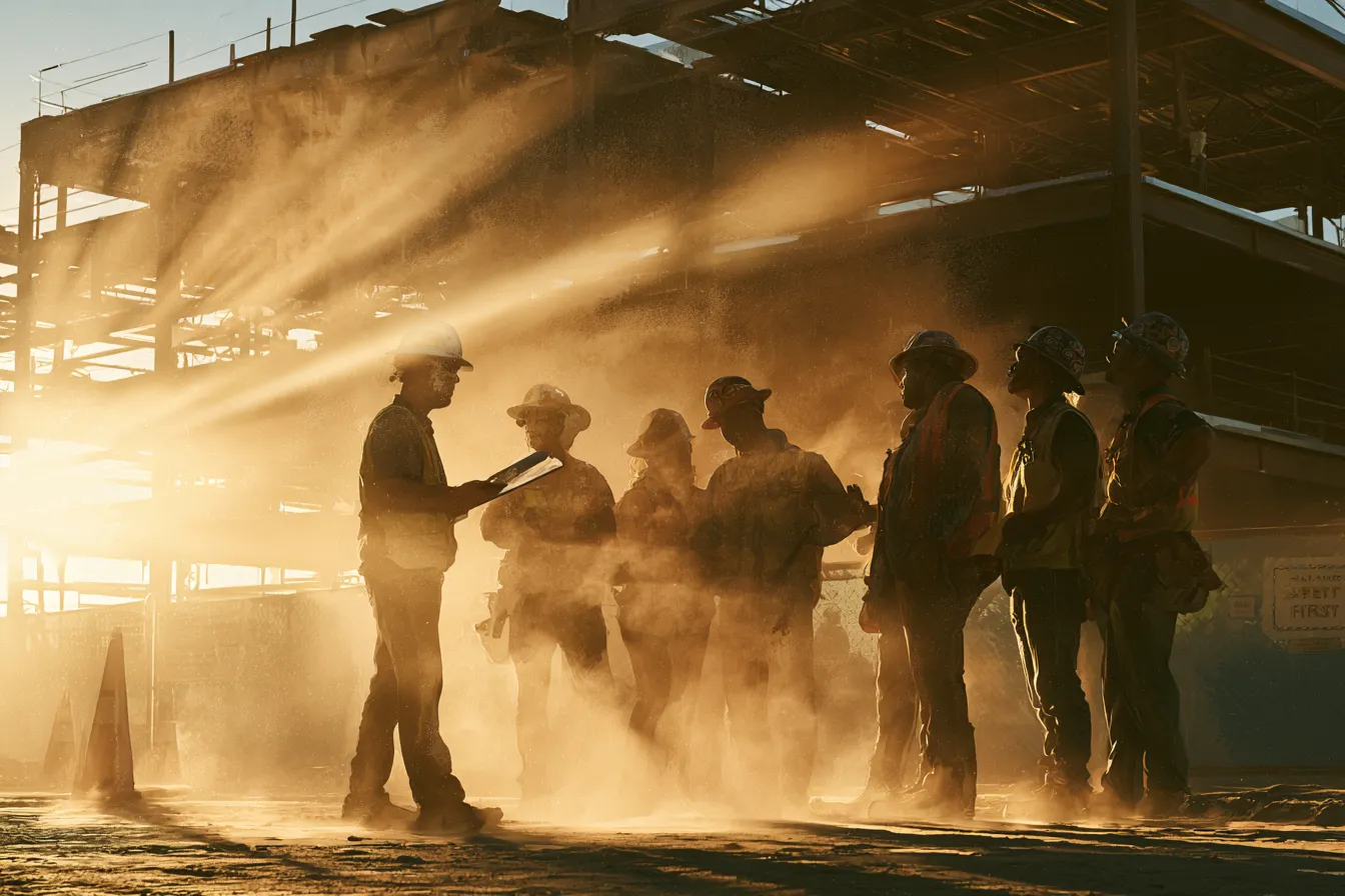 Construction crew at sunset in front of a building frame