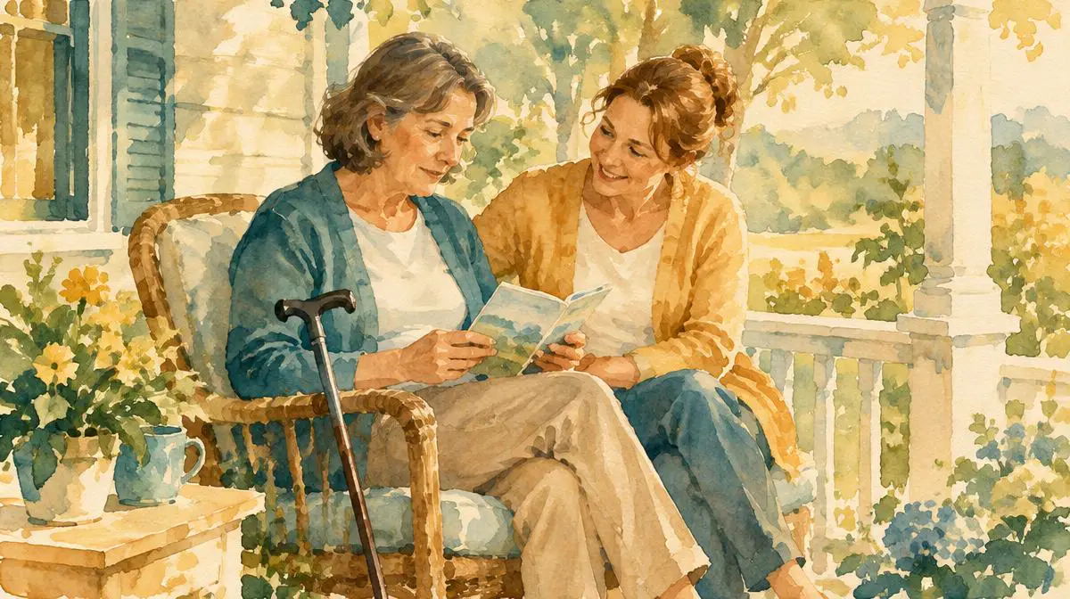Watercolor of a woman with a cane reading a booklet with a friend on a porch