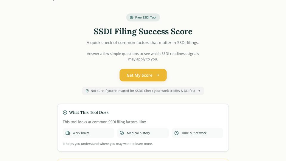 SSDI Filing Success Score tool screen