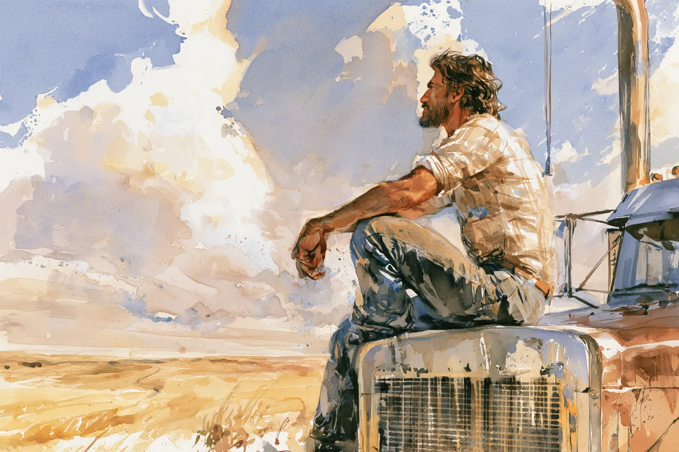Watercolor of a truck driver sitting on his truck's hood looking at the horizon