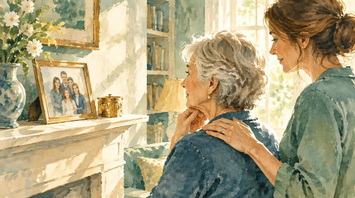 Watercolor of a daughter comforting her mother by a family photo