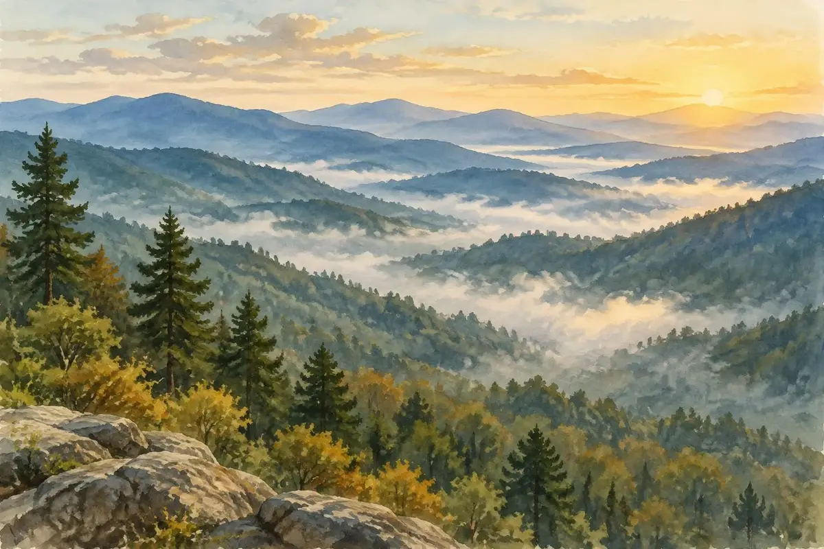 Watercolor of the misty Great Smoky Mountains in Tennessee