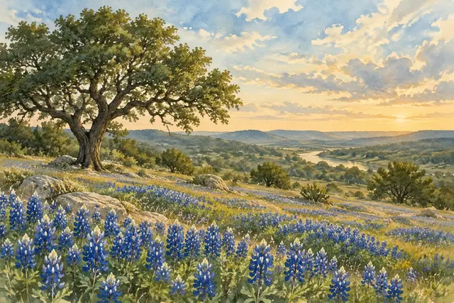 Watercolor of a Hill Country bluebonnet field in Texas