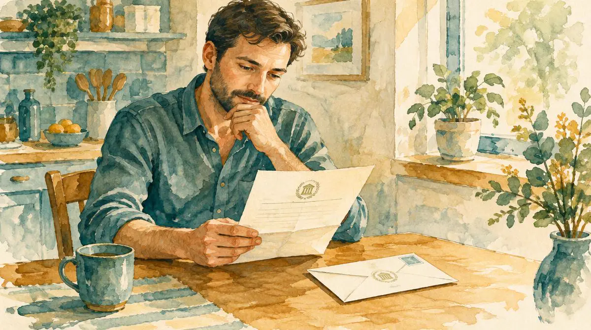 Watercolor of a man reading an official letter at his kitchen table