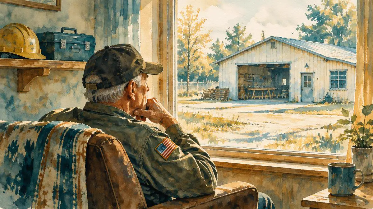 Watercolor of a Veteran looking out the window at his workshop