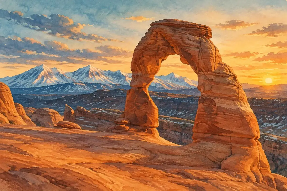 Watercolor of Delicate Arch at sunset in Utah