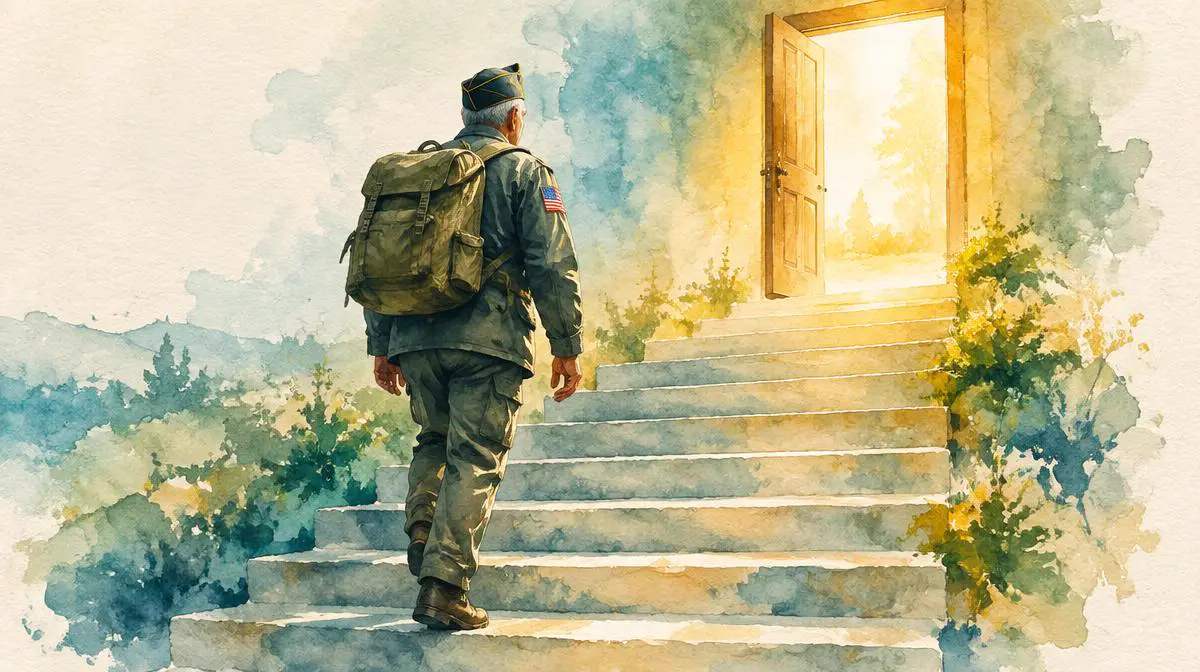 Watercolor of a Veteran climbing steps toward an open, sunlit door