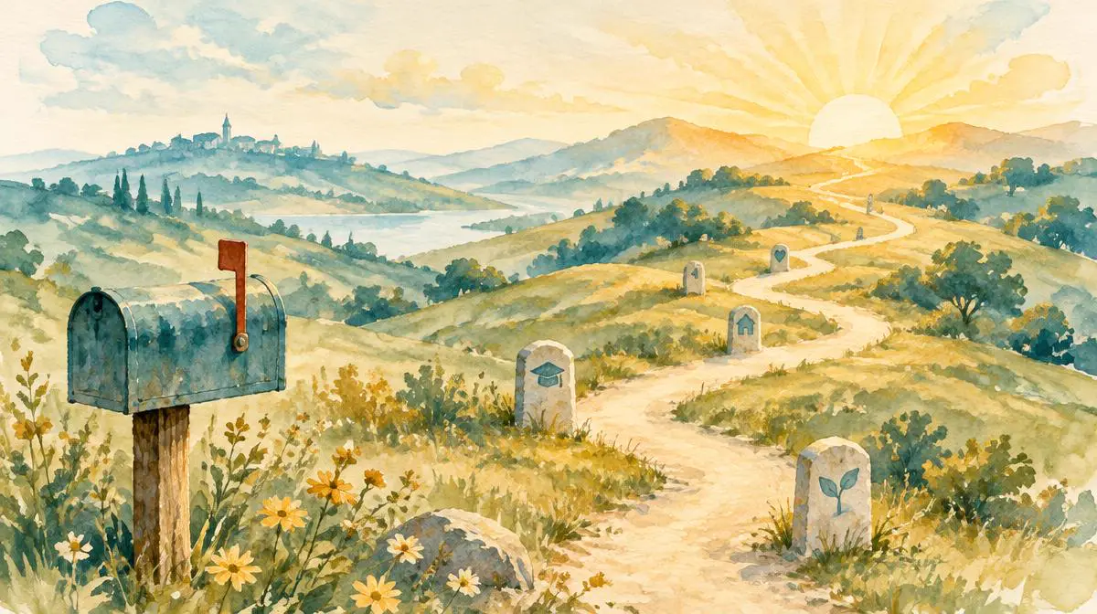 Watercolor of a winding path with milestone markers toward a sunrise