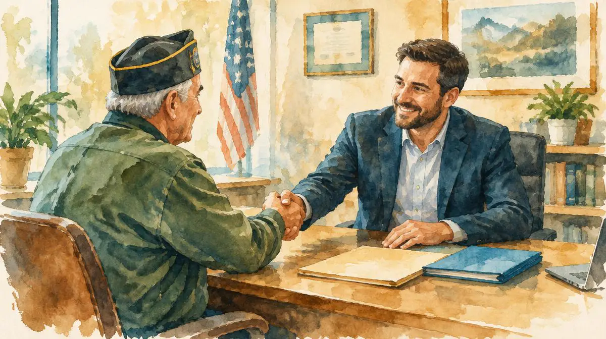 Watercolor of a Veteran shaking hands with an advisor across a desk