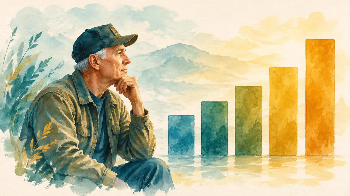 Watercolor of a Veteran looking at a rising set of colored bars