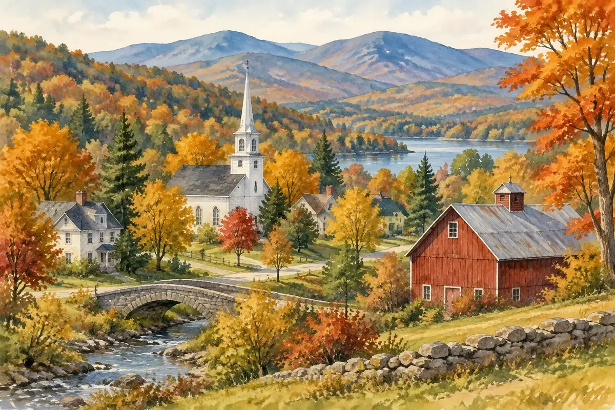 Watercolor of a white church and red barn in fall in Vermont