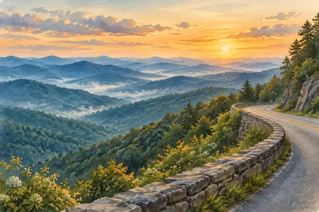 Watercolor of a Blue Ridge Parkway overlook in Virginia