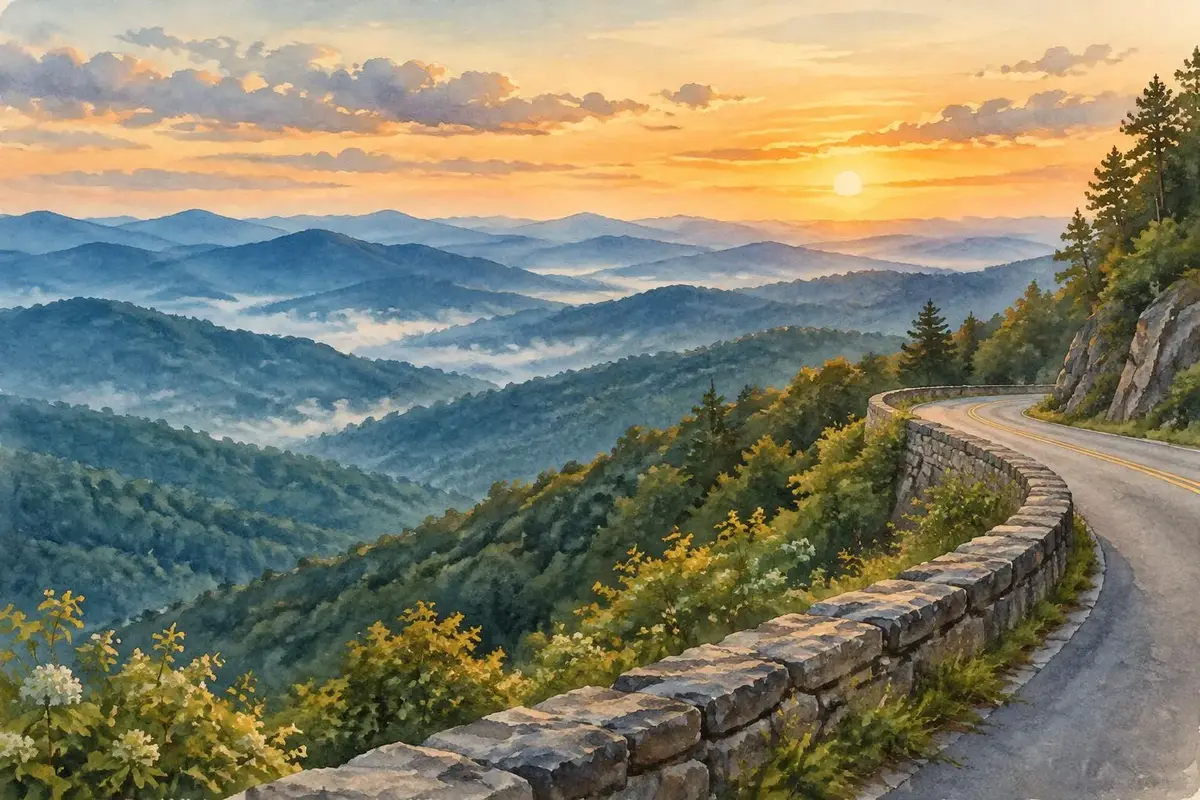 Watercolor of a Blue Ridge Parkway overlook in Virginia