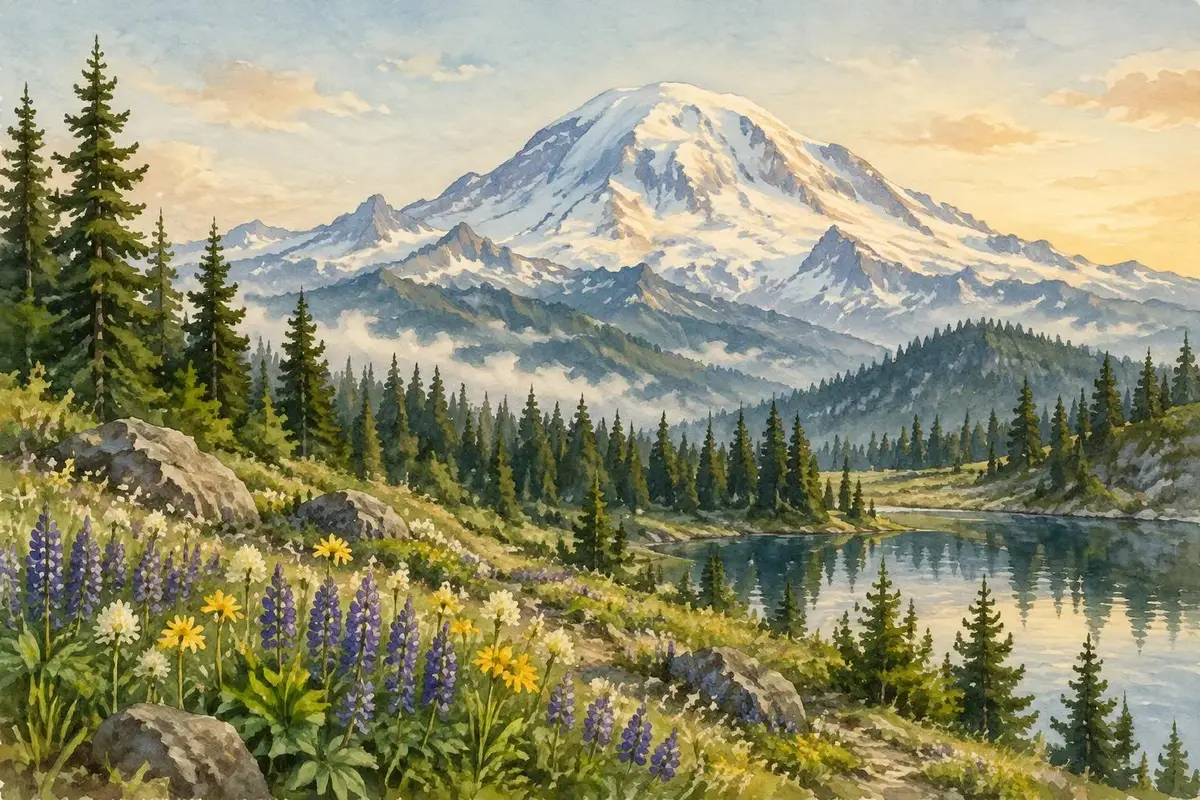 Watercolor of Mount Rainier over a wildflower meadow in Washington