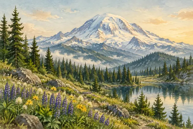 Watercolor of Mount Rainier over a wildflower meadow in Washington