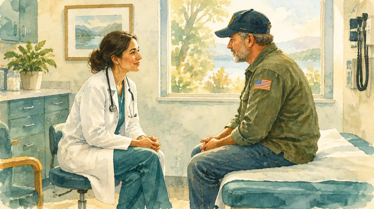 Watercolor of a doctor talking calmly with a Veteran in an exam room
