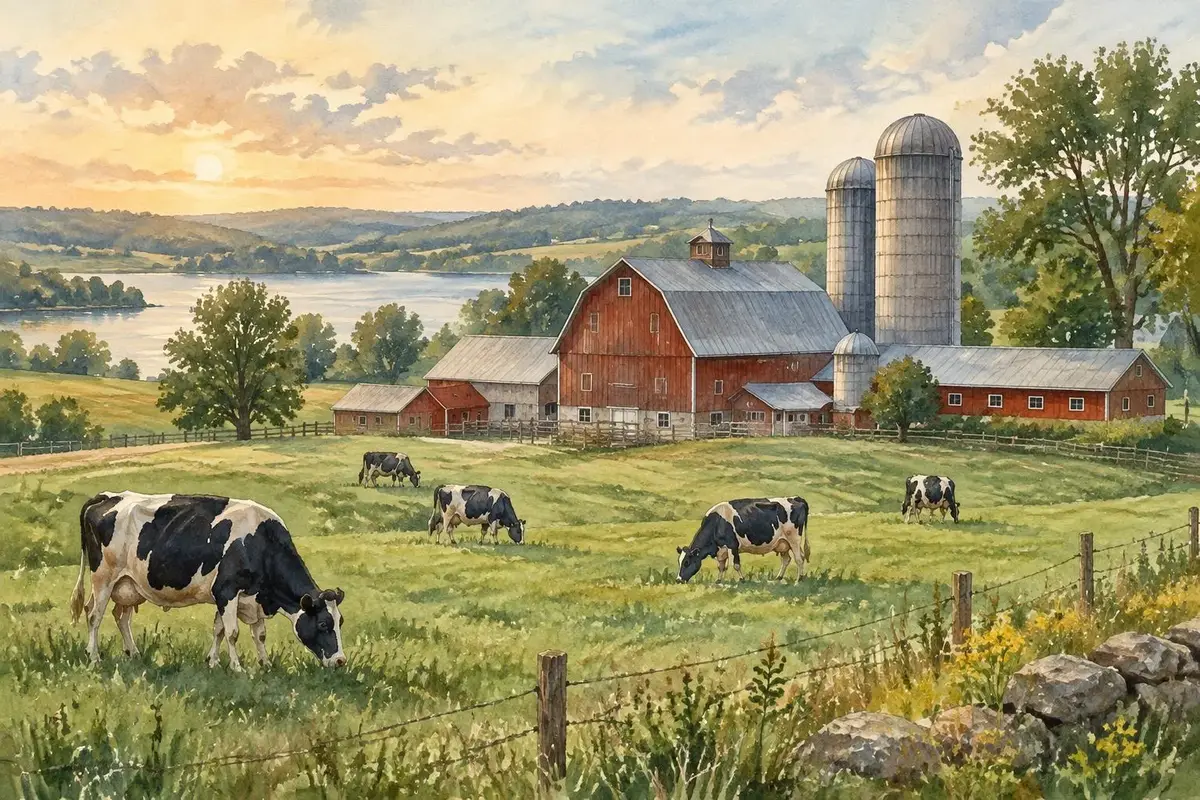 Watercolor of a dairy farm with red barns in Wisconsin