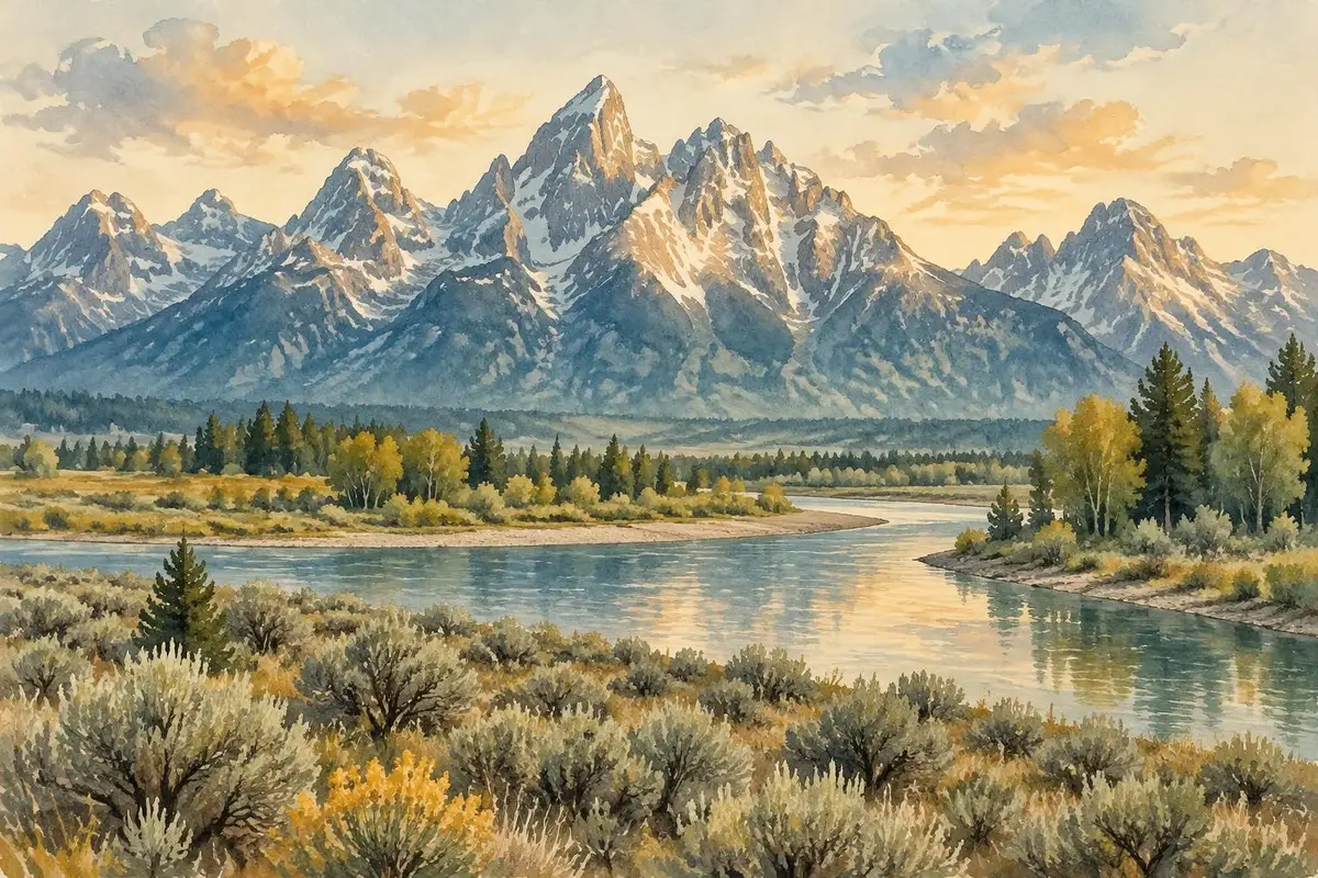 Watercolor of the Grand Tetons above the Snake River in Wyoming