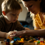 A mother plays legos with her son at the kitchen table.