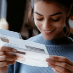 A woman happily opens a debit card in the mail.