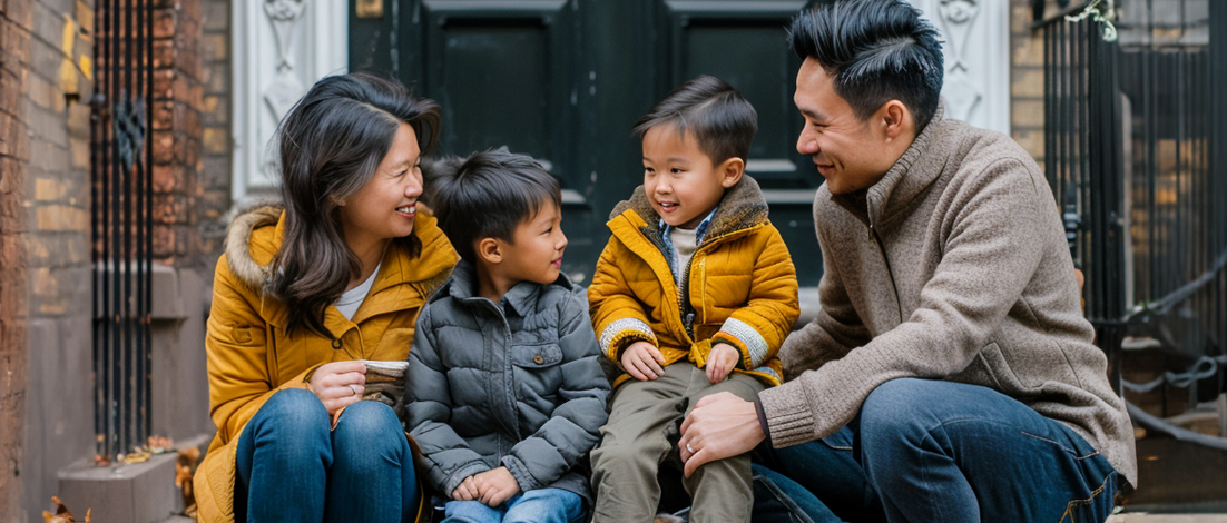 A family sits on the steps of their apartment, made possible by housing assistance benefits and energy assistance benefits.