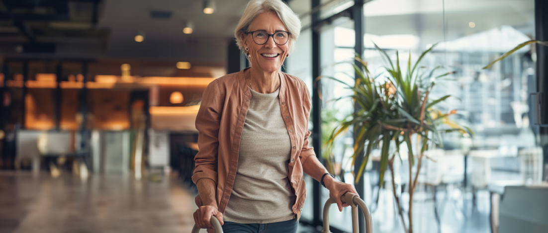 A grey-haired woman who uses disability benefits smiling as she uses a walker