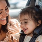 A young mom buckles her toddler daughter into a carseat.