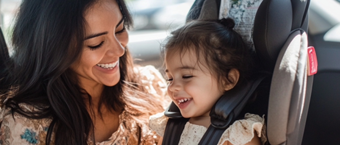 A young mom buckles her toddler daughter into a carseat.