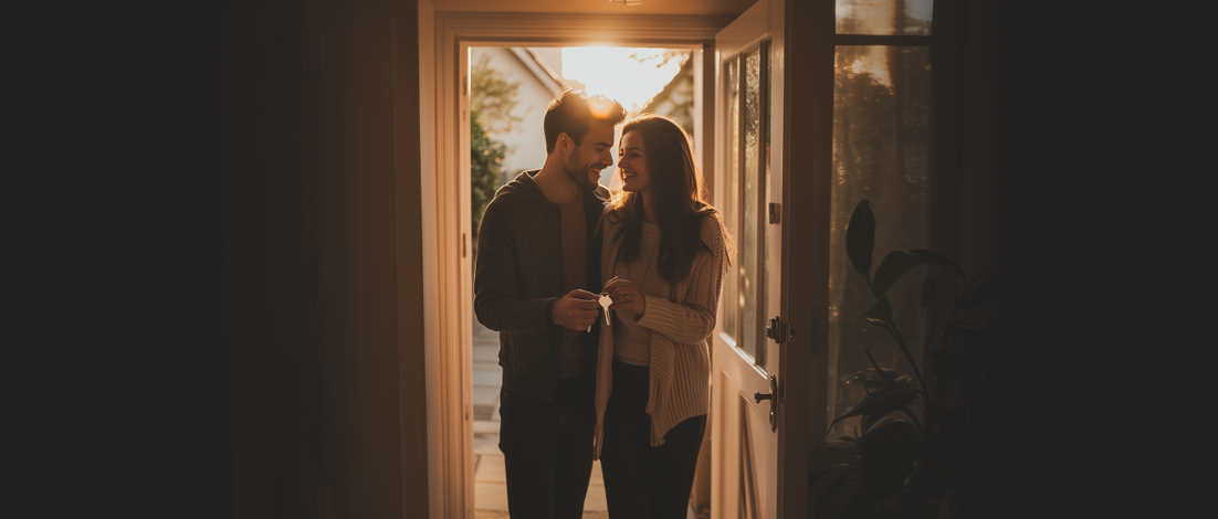 A couple stands in the doorway of their new house, courtesy of veterans housing assistance programs.