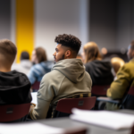 The GI Bill beneficiary student in focus looks toward the front of the classroom in a college lecture hall.