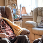 A grandfather who receives Special Monthly Compensation speaks with his grandson in his brightly lit living room.