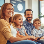 Medicaid family smiling while sitting in doctor appointment waiting room.