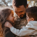 A soldier in uniform embraces his young son and daughter, mindful of how military life insurance protects them.