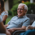 A 60-something old man relaxes with loved ones, financially secure because of his va pension.