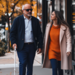 A visually impaired man (an SSDI recipient) and his daughter walk together on a sidewalk during the fall season.