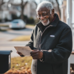 An elderly man grabs a letter (his SSI benefits) from a mailbox.