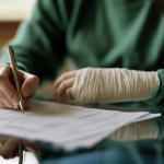 A woman with an injured hand fills out temporary disability insurance forms with her non-injured hand.