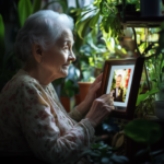 A woman looks at a photo of her deceased military husband.