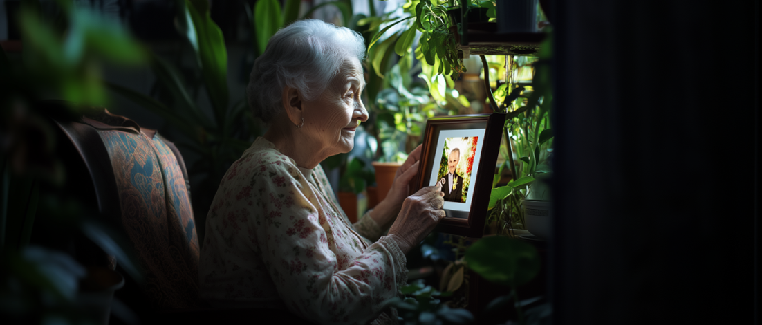 A woman looks at a photo of her deceased military husband.