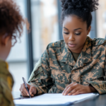 A woman in military fatigues fills out an application at a military career services office.