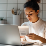 A woman sitting at a kitchen table, with their laptop open, opening an envelope with a check inside.