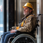 A man in a wheelchair, being rolled out of a building. The man has a hardhat and other construction attire on, indicating he was injured on the job.