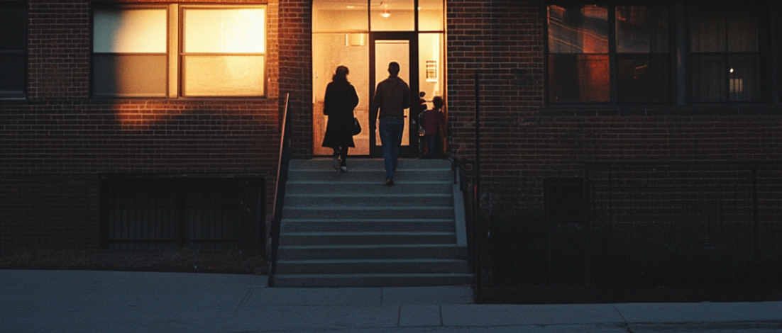 A couple walk up the stairs to their well-lit apartment.